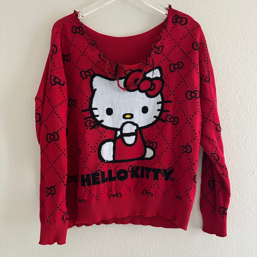 Sanrio Hello Kitty Sweater Women L Red Distressed Monogram Graphic Knit